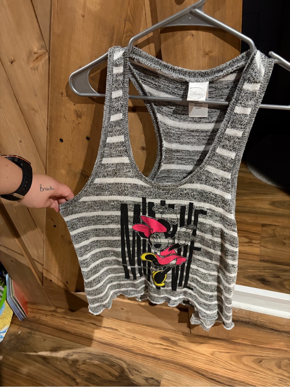 Disney Gray and White Striped Minnie Mouse Tank Top with Pink Bow